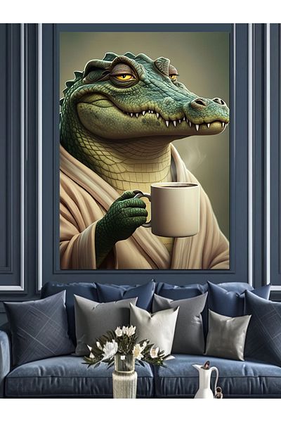 Tablomega Coffee Drinking Crocodile Decorative Canvas - Mdf Wood Table