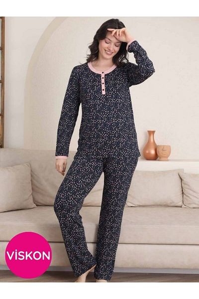 bie's Women's Navy Blue Flower Pattern Crew Neck 3 Button Lycra Viscose Seasonal Long Sleeve Pajama Set