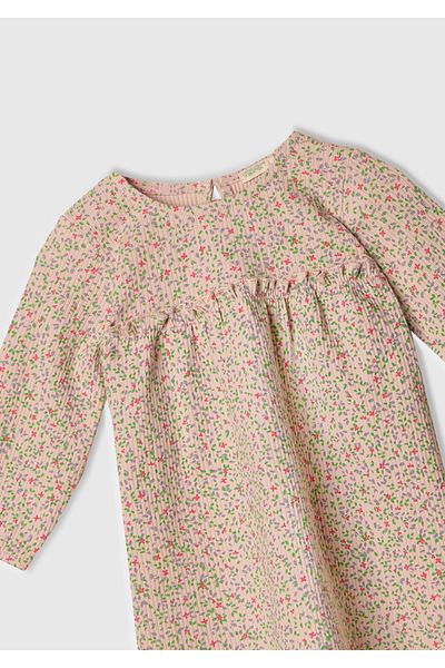 United Colors of Benetton Baby Powder Pink All over Patterned Front Ruffle Detail Pleated Long Sleeve Dress