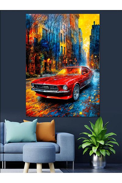 Tablomega Colorful Street and Red Car Decorative Canvas - Mdf Wooden Painting