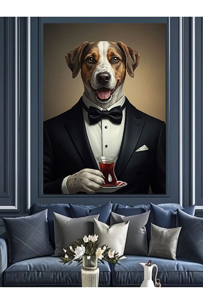 Tablomega Stylish Tuxedo Dog and Tea Decorative Canvas - Mdf Wooden Painting