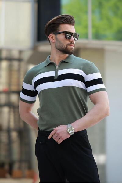 Madmext Khaki Zippered Polo Neck Striped Men's T-Shirt E7406