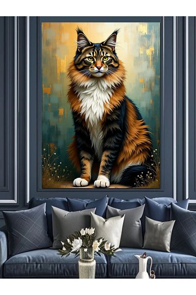 Tablomega Elegant Cat Posture Decorative Canvas - Mdf Wooden Table