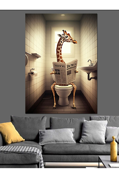 karizmart Girafă care citeste ziare pe toaletă Pânză decorativă - Lemn MDF