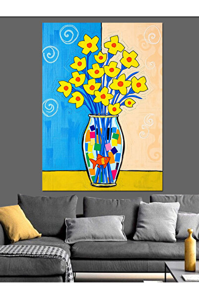 KanvasSepeti Flori galbene în vază Pictură decorativă în ulei Texturată Pânză de înaltă calitate Pictură pe pânză 140 x 70 cm