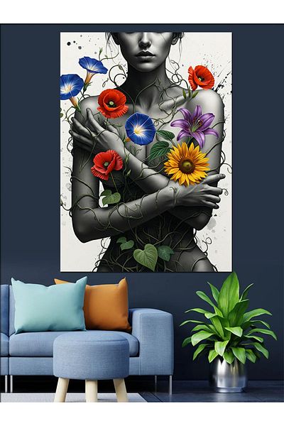 Tablomega Woman Decorative Canvas Decorated with Flowers - Mdf Wooden Painting