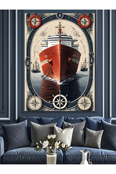 karizmart Gemi Ve Dümen Çizimi Dekoratif Kanvas - Mdf Ahşap Tablo