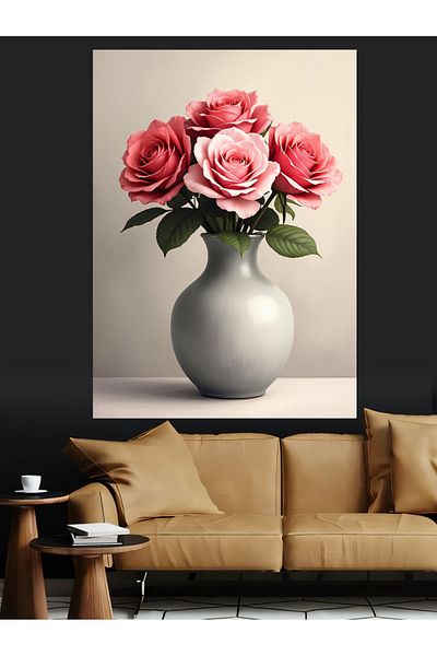 Tablomega Pink Roses and Vase Composition Decorative Canvas - Mdf Wooden Table