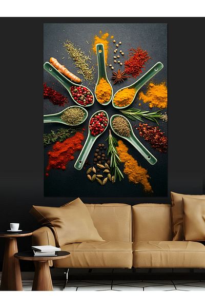 Tablomega Colorful Spice Spoons and Spices Decorative Canvas - Mdf Wooden Painting