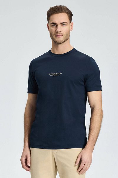 Hemington Printed Mercerized Cotton Navy Blue Crew Neck T-Shirt