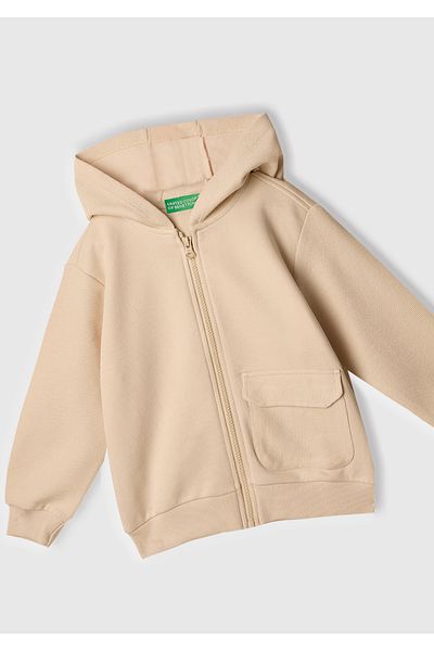 United Colors of Benetton Boy's Ecru Zippered Patch Pocket Hooded Sweatshirt