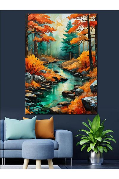 Tablomega Autumn River Landscape Decorative Canvas - Mdf Wooden Table