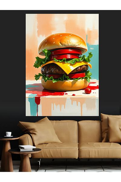 Tablomega Delicious Double Decker Hamburger Visual Decorative Canvas - Mdf Wooden Table