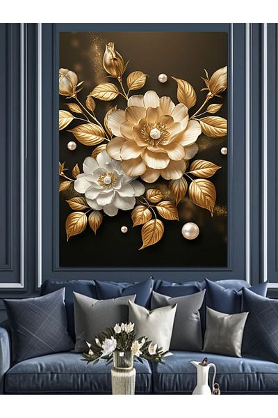 Tablomega Gold and White Flower Composition Decorative Canvas - Mdf Wooden Painting