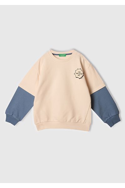 United Colors of Benetton Boy's Ecru Graphic Printed Double Sleeve Crew Neck Sweatshirt
