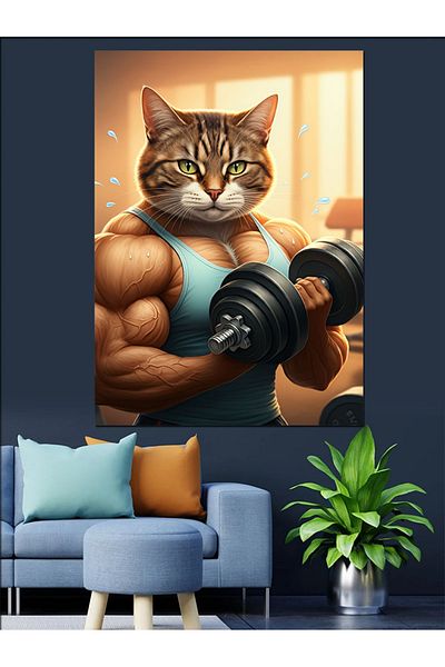 Tablomega Weightlifting Cat Decorative Canvas - Mdf Wooden Table