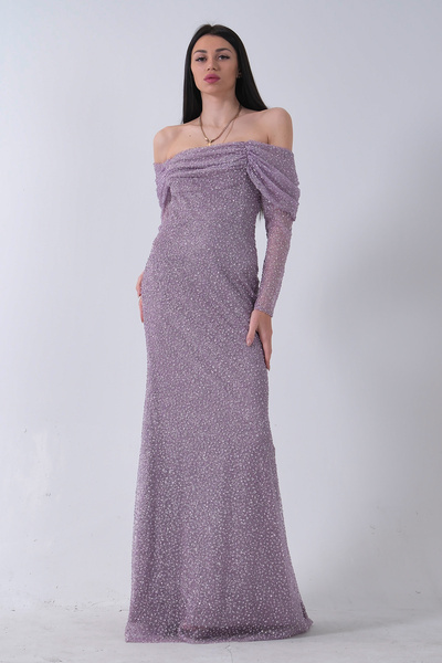 Feminist Kayık Yaka Simli Uzun Kol Abiye Lavanta 9705266