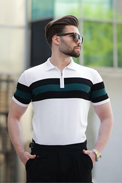 Madmext Tricou alb cu fermoar pentru bărbați, cu guler polo, cu dungi E7406