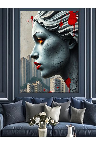 Tablomega Decorative Canvas with Betimsel Woman Portrait and City Image - Mdf Wooden Painting