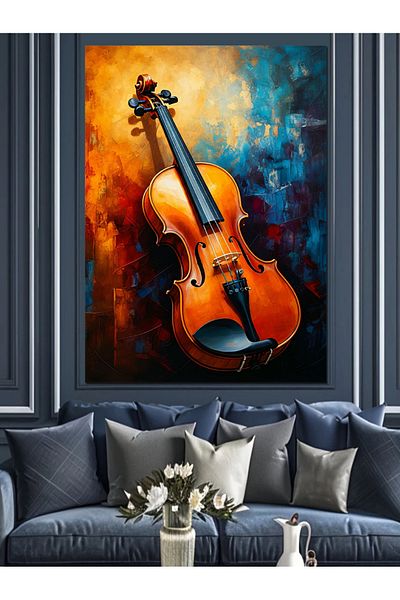 Tablomega Orange Violin and Artistic Texture Decorative Canvas - Mdf Wooden Painting