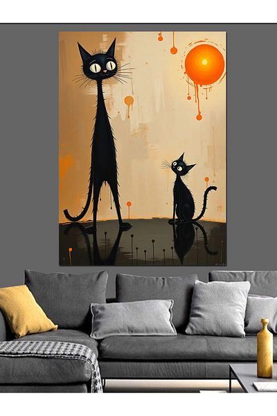 Tablomega Orange Moon and Cats Decorative Canvas - Mdf Wooden Painting