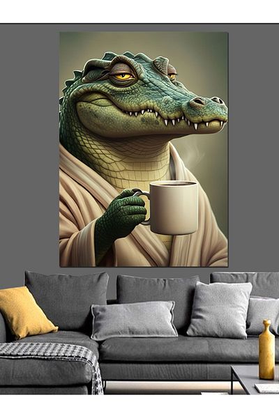 Tablomega Coffee Drinking Crocodile Decorative Canvas - Mdf Wood Table