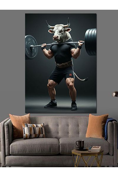 Tablomega Muscular Bull Strength Decorative Canvas - Mdf Wooden Painting