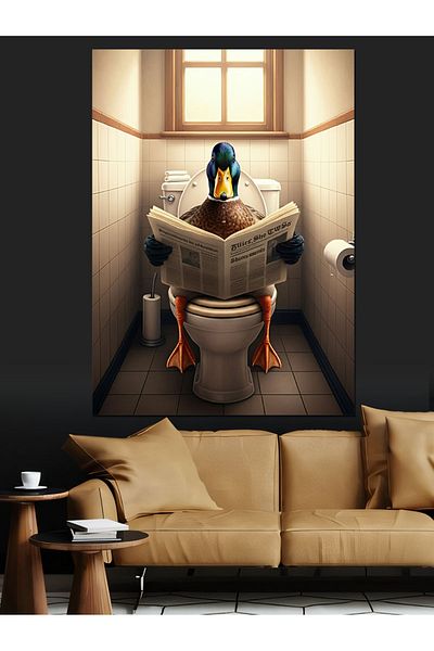 Tablomega Duck Reading Newspaper in Toilet Decorative Canvas - Mdf Wooden Painting