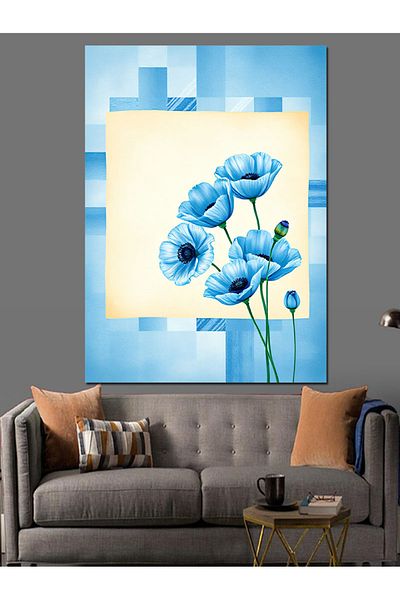 Tablomega Blue Flowers and Geometric Background Decorative Canvas - Mdf Wooden Painting