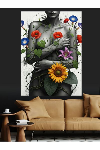 Tablomega Woman Portrait Decorative Canvas Created from Flowers - Mdf Wooden Painting
