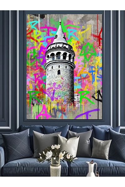 Tablomega Turnul Galata cu Graffiti Pânză Decorativă - Lemn MDF