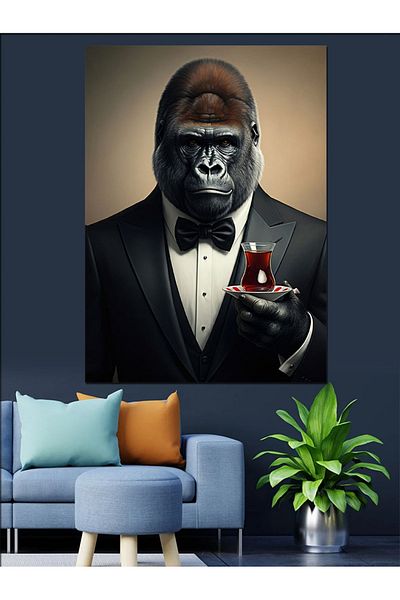 Tablomega Serious Gorilla Portrait and Tea Decorative Canvas - Mdf Wooden Painting
