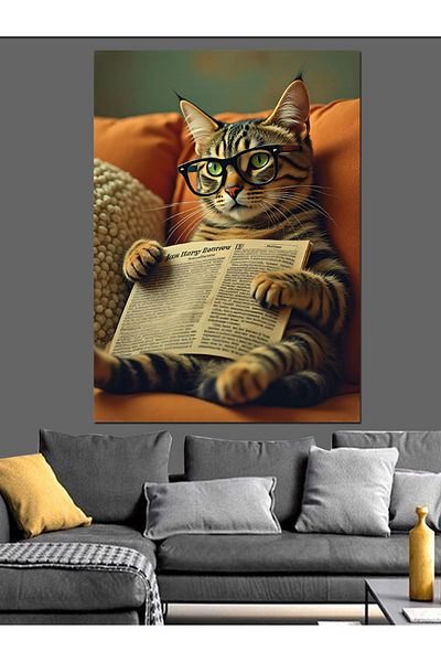 Tablomega Cat Reading Newspaper Figure Decorative Canvas - Mdf Wooden Painting