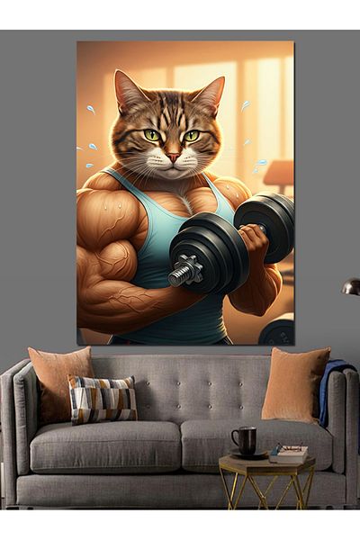 Tablomega Weightlifting Cat Decorative Canvas - Mdf Wooden Table