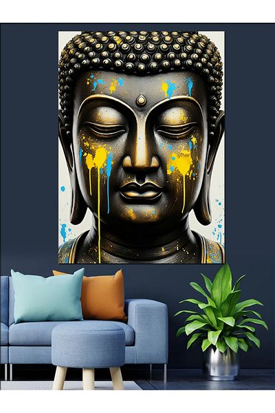 Tablomega Buddha and Gold Colors Decorative Canvas - Mdf Wooden Painting