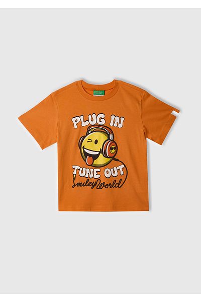 United Colors of Benetton Boy's Orange Smiley World Printed Logo Label T-Shirt