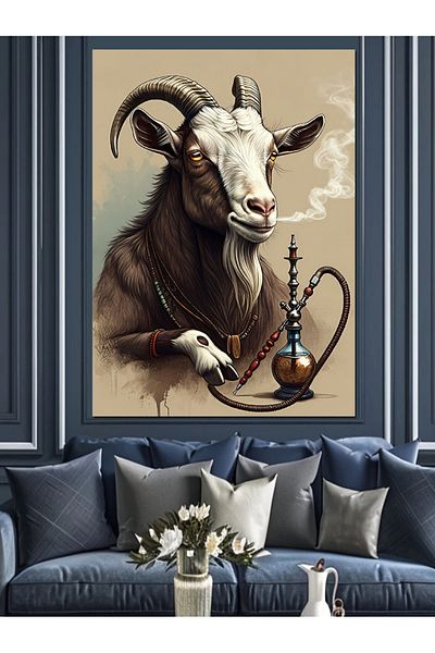 Tablomega Goat Smoking Hookah Decorative Canvas - Mdf Wooden Table