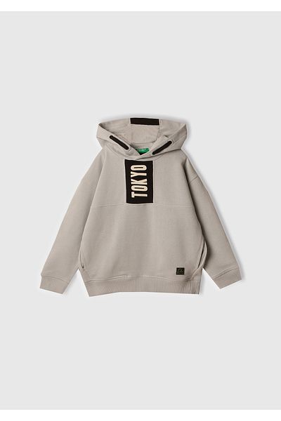 United Colors of Benetton Boy's Gray Melange Print Stripe Detailed Logo Label Hooded Sweatshirt