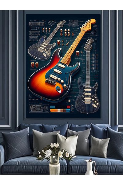 Tablomega Two Guitars and Melody Plan Decorative Canvas - Mdf Wood Table