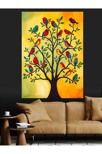 Tablomega Tree with Birds Decorative Canvas - Mdf Wooden Painting