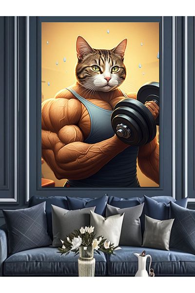 Tablomega Muscular Cat and Barbell Decorative Canvas - Mdf Wooden Painting