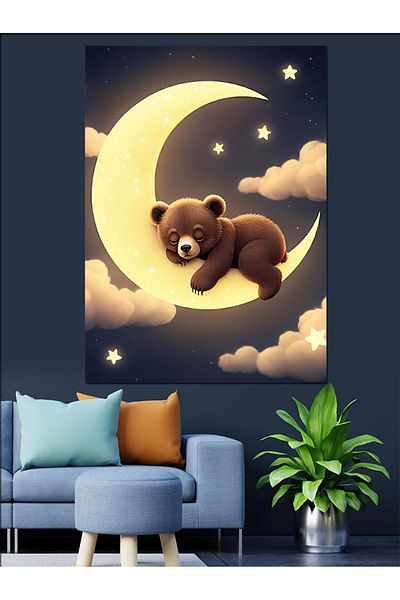 Tablomega Sleepy Teddy Bear on the Moon Decorative Canvas - Mdf Wood Table