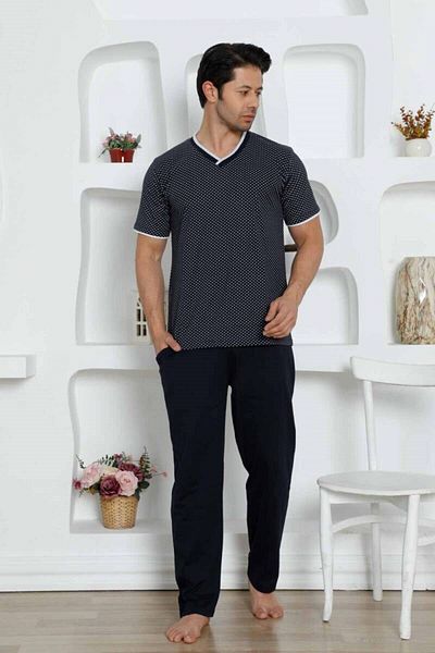 ALİMER Men's Patterned V-Neck Buttonless 100% Cotton Short Sleeve Pocket Pajama Set