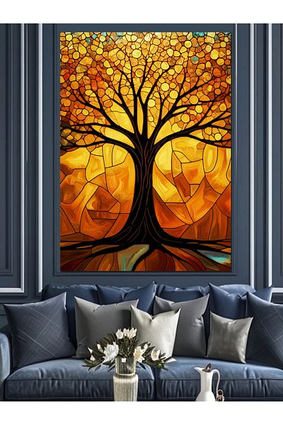 Tablomega Golden Leaf Tree Decorative Canvas - Mdf Wooden Table