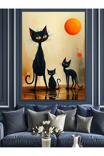 Tablomega Moon and Black Cats Decorative Canvas - Mdf Wooden Painting