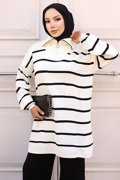 giyze Striped Knitwear Suit with Zipper Collar Black 11034-02