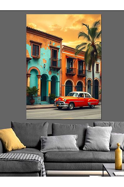 Tablomega Colorful Mediterranean Houses and Classic Car Decorative Canvas - Mdf Wooden Painting