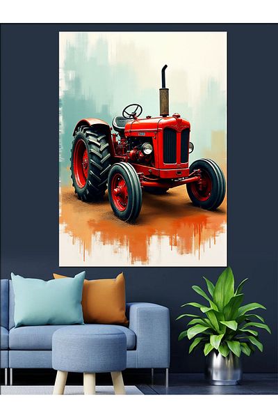 Tablomega Red Tractor and Artistic Texture Decorative Canvas - Mdf Wooden Painting