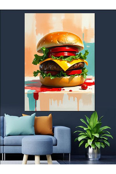 Tablomega Delicious Double Decker Hamburger Visual Decorative Canvas - Mdf Wooden Table