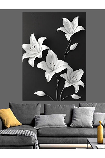 ekart Beyaz Zambak Çizimi Dekoratif Kanvas - Mdf Ahşap Tablo